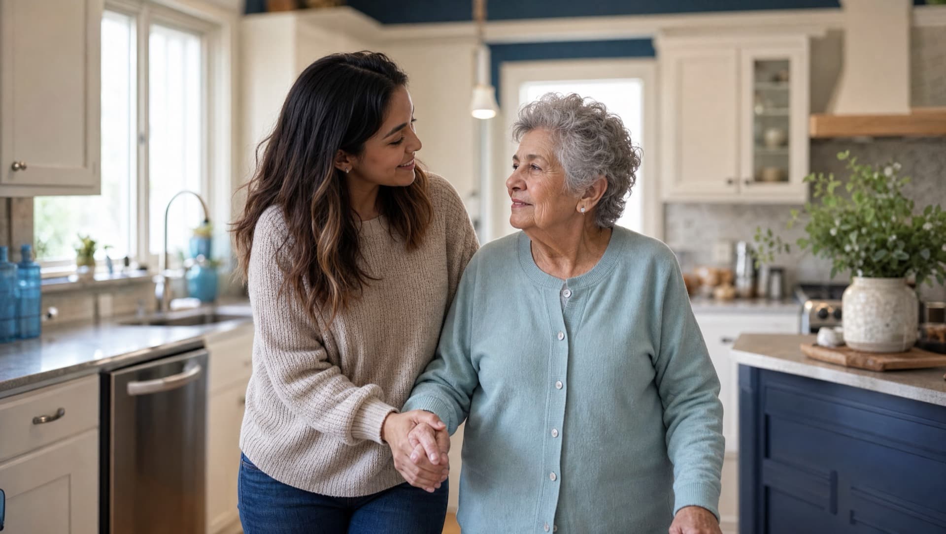 Family caregiver helping elderly loved one at home in Downriver Michigan